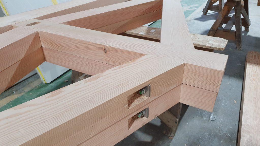 Close up of timber joinery on roof truss
