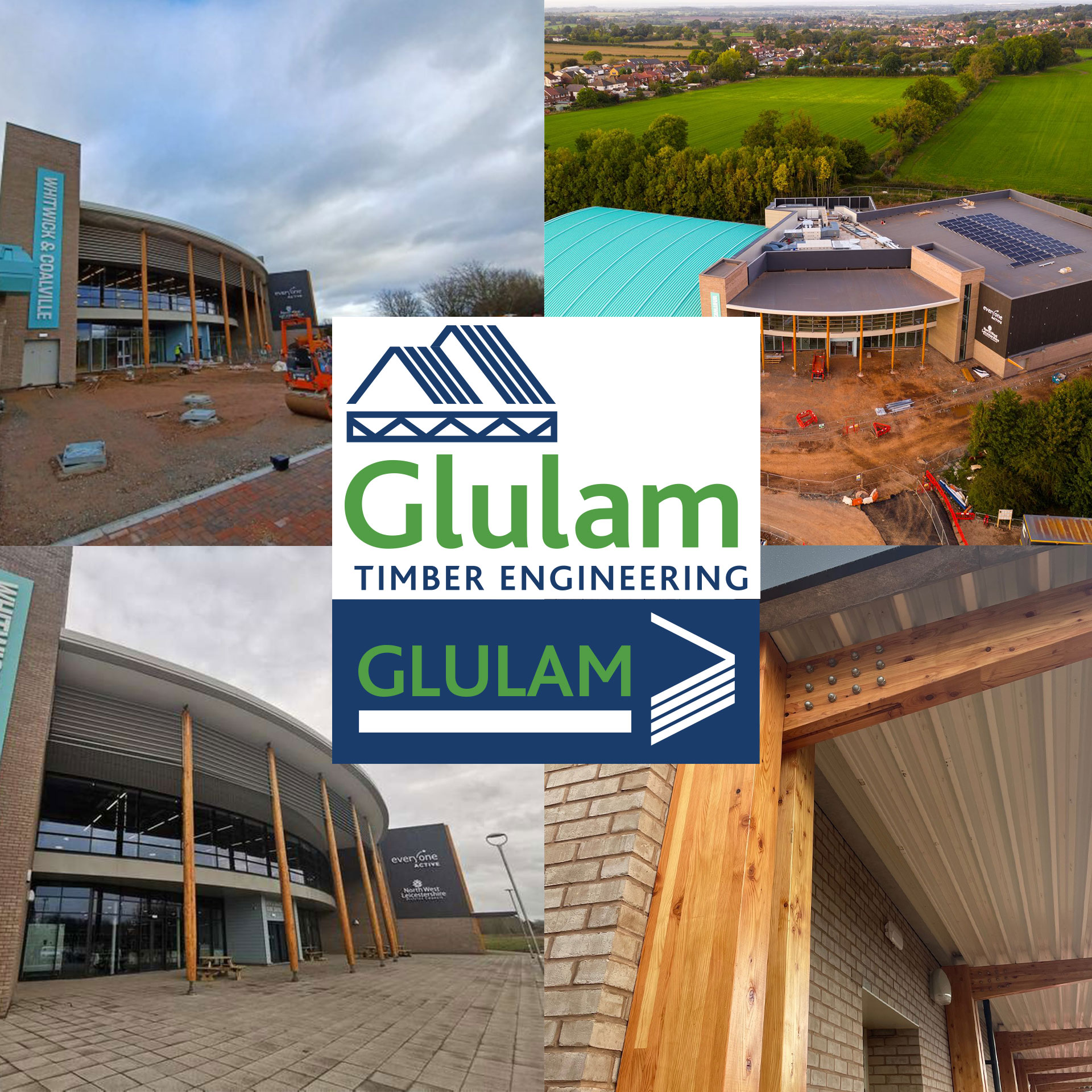 Collage of glulam projects with company logo.