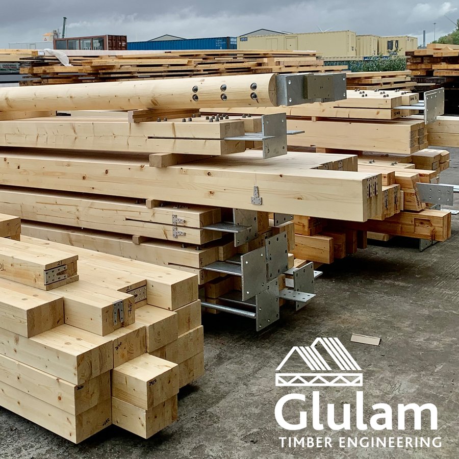 Glulam beams in a construction yard