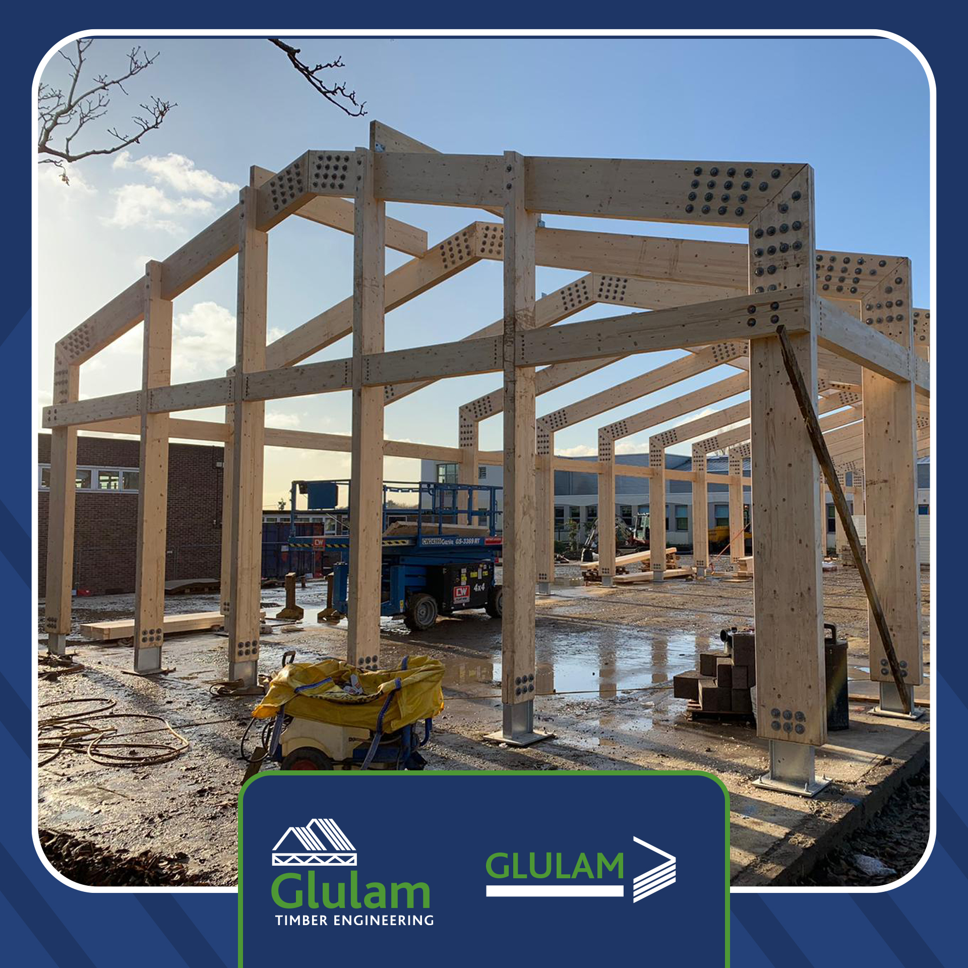 Glulam timber frame structure on building site