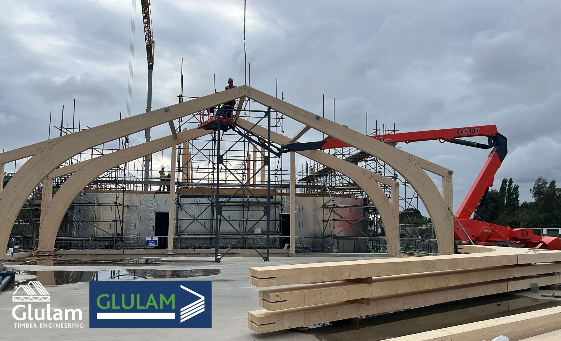 Glulam Beam structure with scaffolding around it