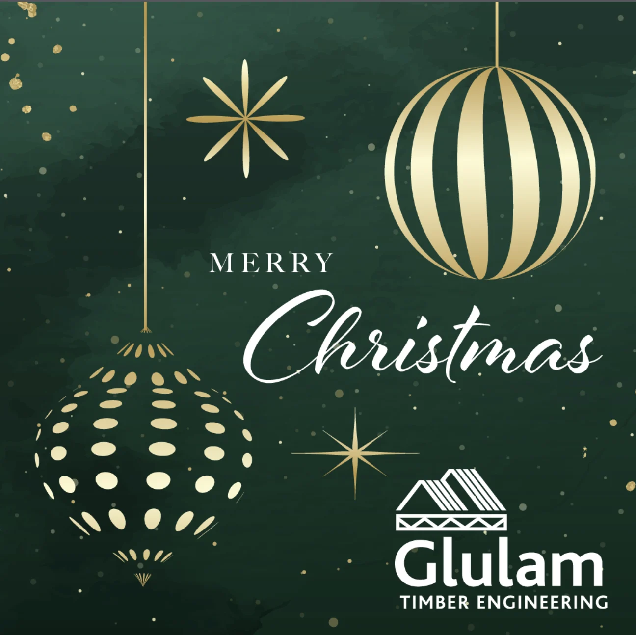 A green christmassy graphic that says merry christmas in the middle and the Glulam logo is in the bottom right corner.