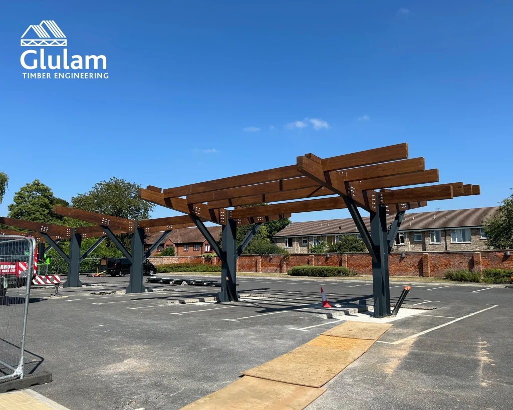 Wooden shelter structure in a car park