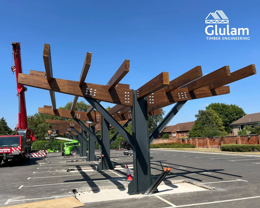 Wooden shelter structure in a car park